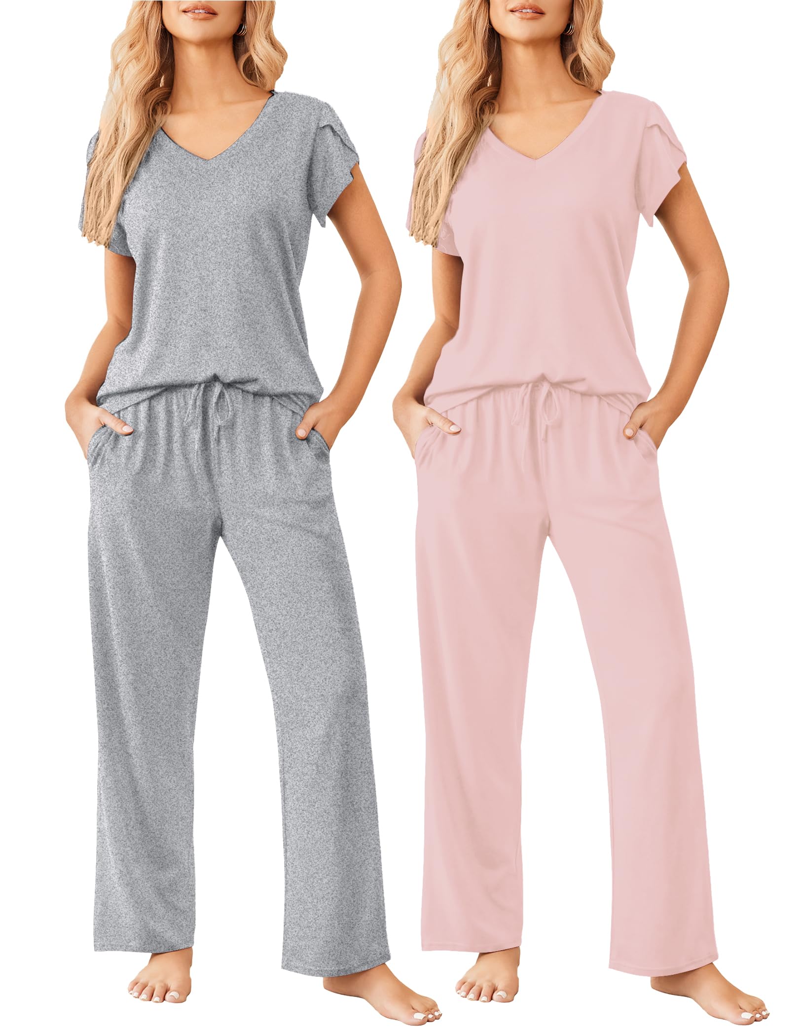 Ekouaer 2 Pack Womens Pajamas Short Sleeve Sleepwear Top with Pants Super-Soft Printed Lounge Sets S-XXL