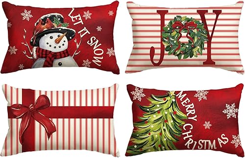 AVOIN colorlife Merry Christmas Let It Snow Joy - Juego de 4 fundas de almohada rojas, 12 x 20 pulgadas, con diseño de rayas y árbol de Navidad,