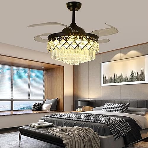 Miniatura 5 de MORE CHANGE Ventilador de techo de cristal de 42 pulgadas para interiores con luz y control remoto, moderno ventilador de techo negro con aspas