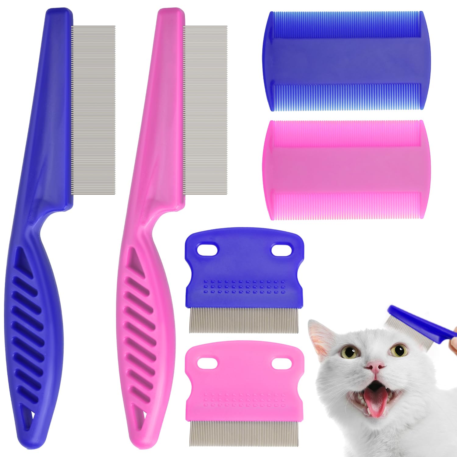 Flea Comb for Cats Dogs, 6 Pack Flea and Lice Grooming Comb Set for Cats, Pet Grooming Tools for Small, Medium & Large Pets (Pink & Blue)
