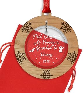 Nanny & Grandad First Christmas 1st Xmas Tree Decoration Ornament Bauble - Cherry Veneer and Acrylic Engraved Christmas Tree Ornament - Keepsake Christmas Gifts Presents