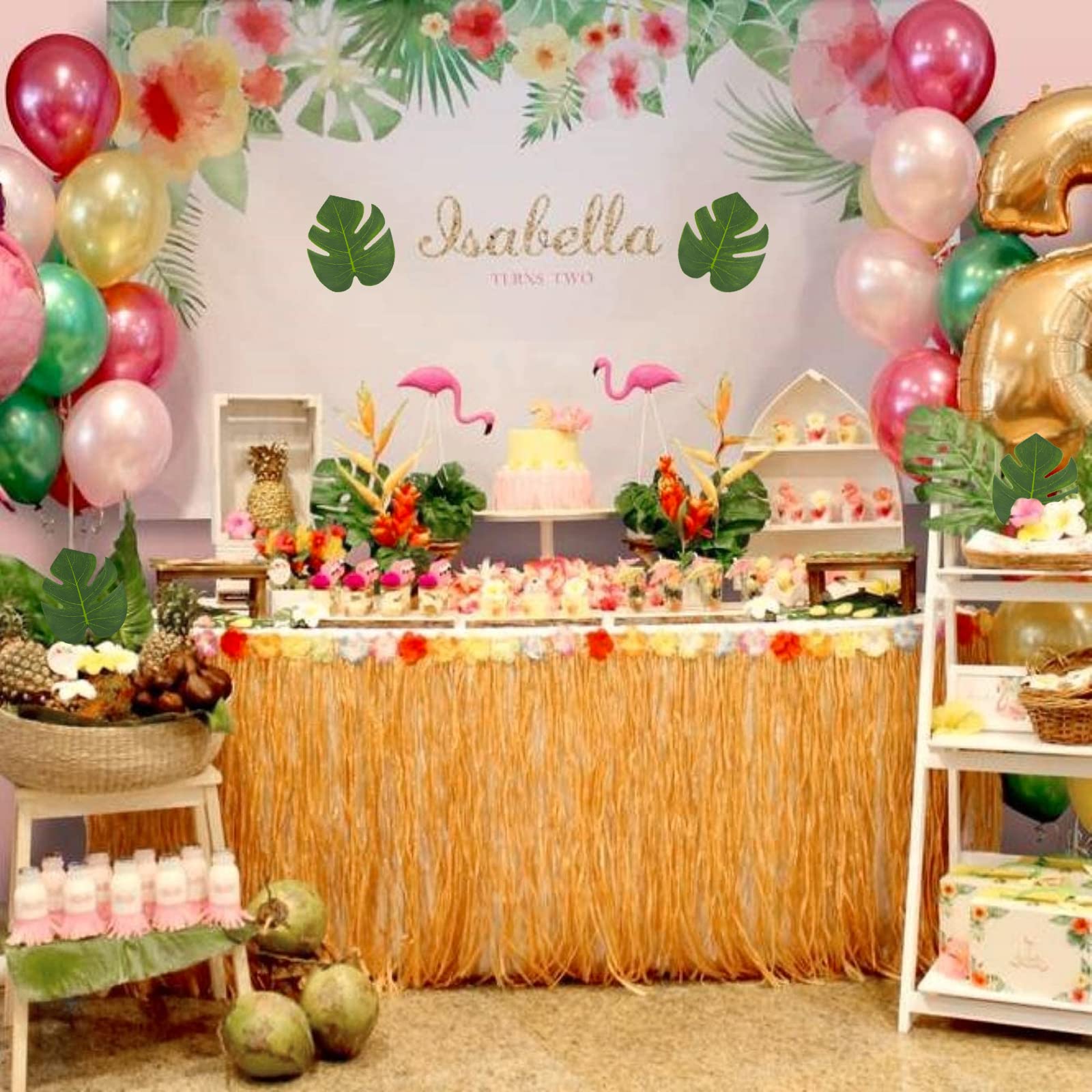 Hawaii Party Tischröcke 276x75cm Gras Tischrock und 12 Pcs Künstliche Palmenblätter Tisch Ornamente Hawaii Tischdekoration für Strandparty Tropische Sommer Party Luao Party Poolparty Aloha Party usw.