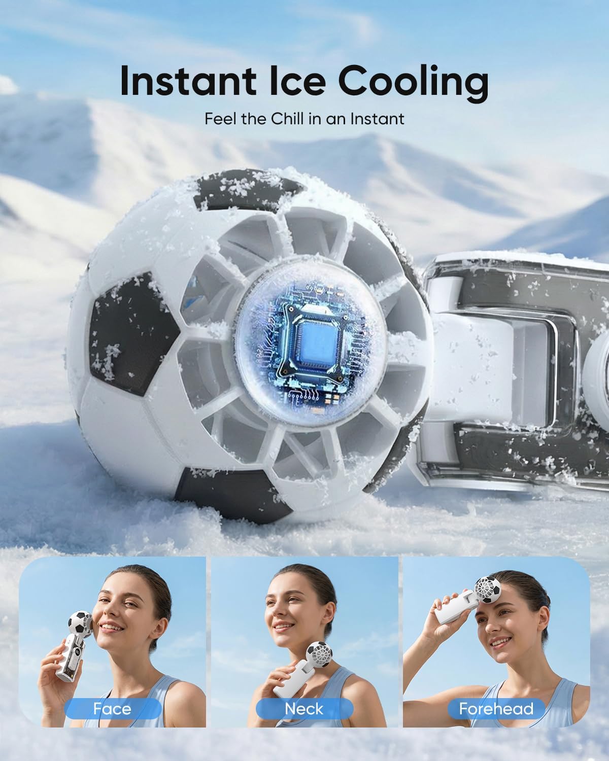 Hiluckey Portable Handheld Turbo Fan with Ice Cooler, 5 Gear Wind, Soccer-Shaped Mini Personal Fan, 6000mAh Rechargeable Pocket Fan for Travel/Outdoor/Office, 180° Adjustable, 20H Max Runtime (White)