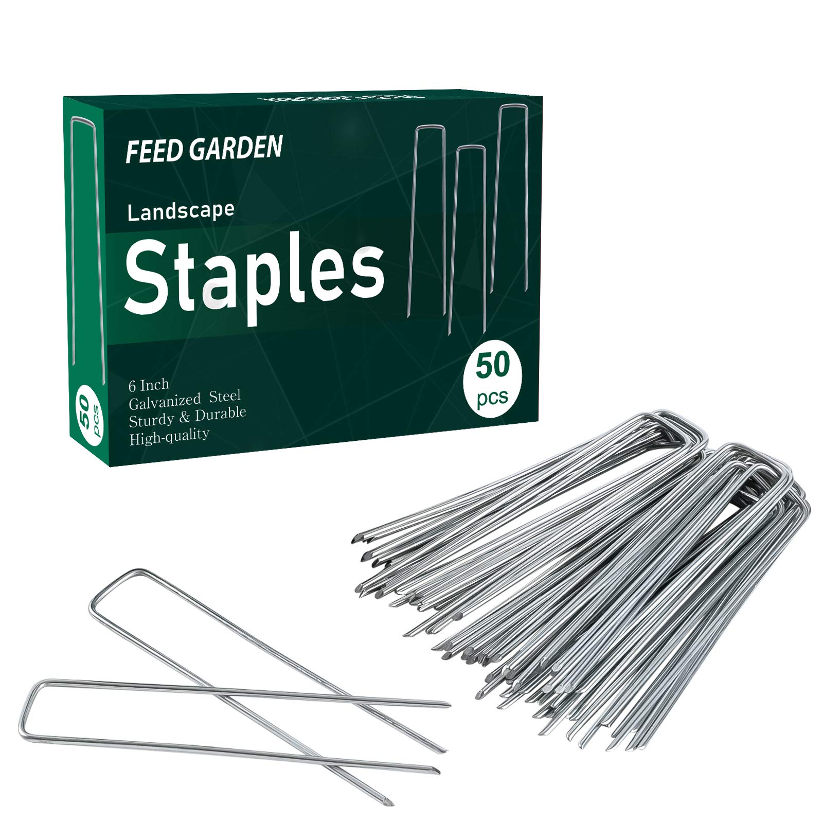 Feed Garden Galvanized 50 Pack Landscape Staples Garden Stakes Anchoring Pins 6 Inch Heavy Duty Gardening Supplies Rust Resistant