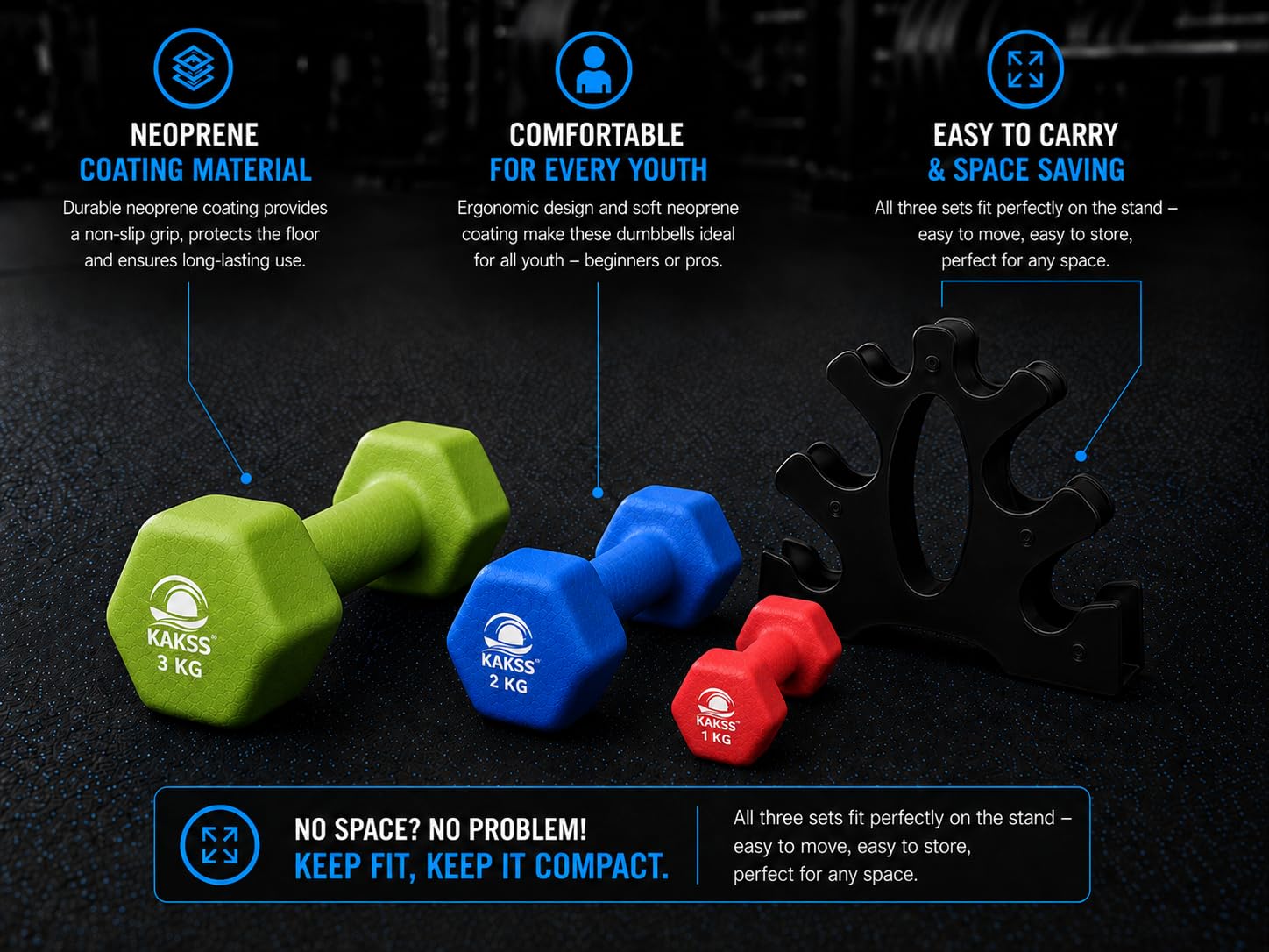 Kakss Neoprene Dumbbell Sets - 1kg, 2kg, 3kg -6 Kakss Neoprene Dumbbell Sets - 1kg, 2kg, 3kg -6