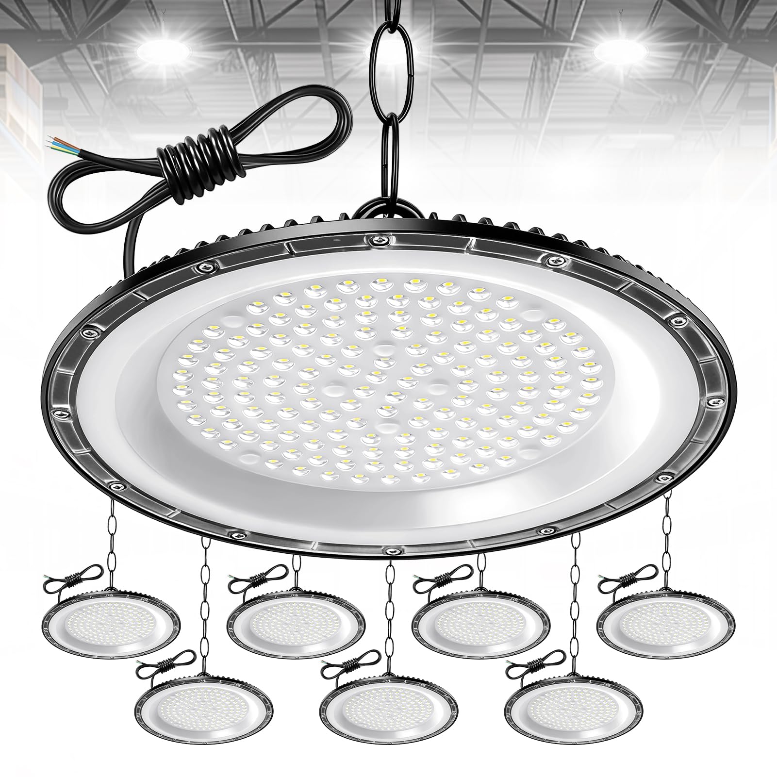 8 Pack 200W UFO LED High Bay Light 20000LM, Cold White 6500K Super Bright Workshop Lighting, IP65 Waterproof Industrial Lights, Commercial Bay Lighting for Workshop, Warehouse, Garage, Factory