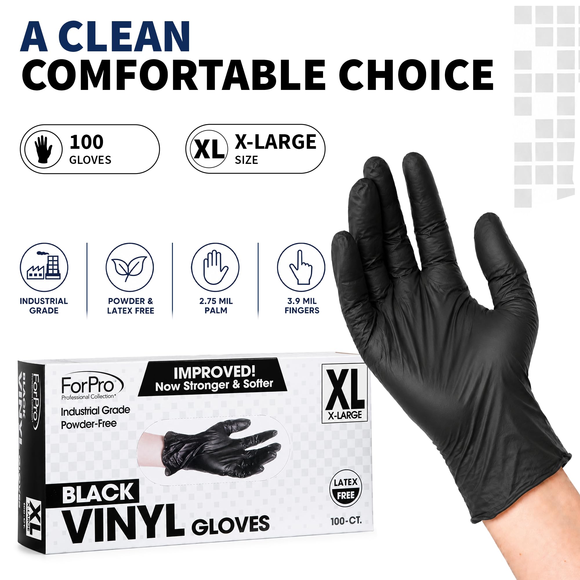 ForPro - Guantes de vinilo desechables, color negro, grado industrial, sin polvo, sin látex, no estériles, aptos para alimentos, 2.75 mil. Palma, 3.9 mil. dedos, XL, 100 unidades