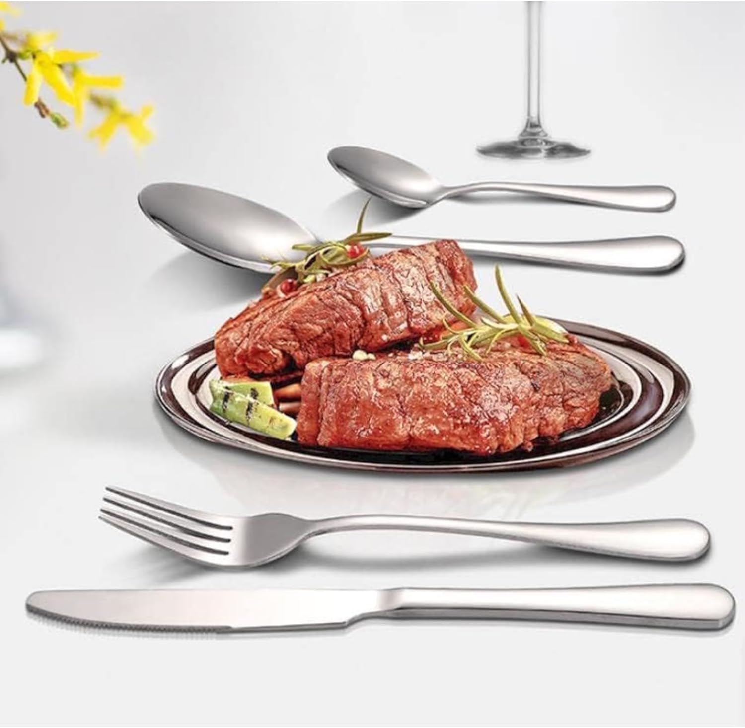 VIfn 24 本セット 6 人用 北欧風ステンレスカトラリーセット ゴールドクチポール仕上げ 食洗機対応 収納ボックス付き (シル