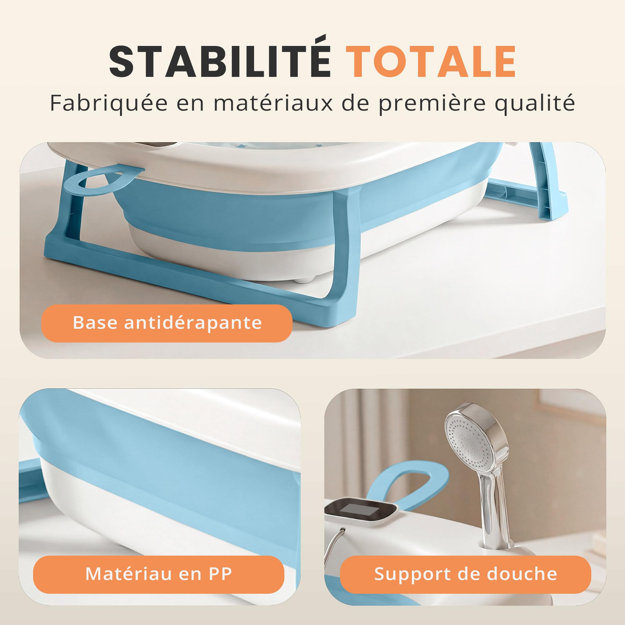 JUPPLIES Baignoire Pliable Bébé avec Coussin Ergonomique et Thermomètre Digital – 75x45x20 cm Bleu