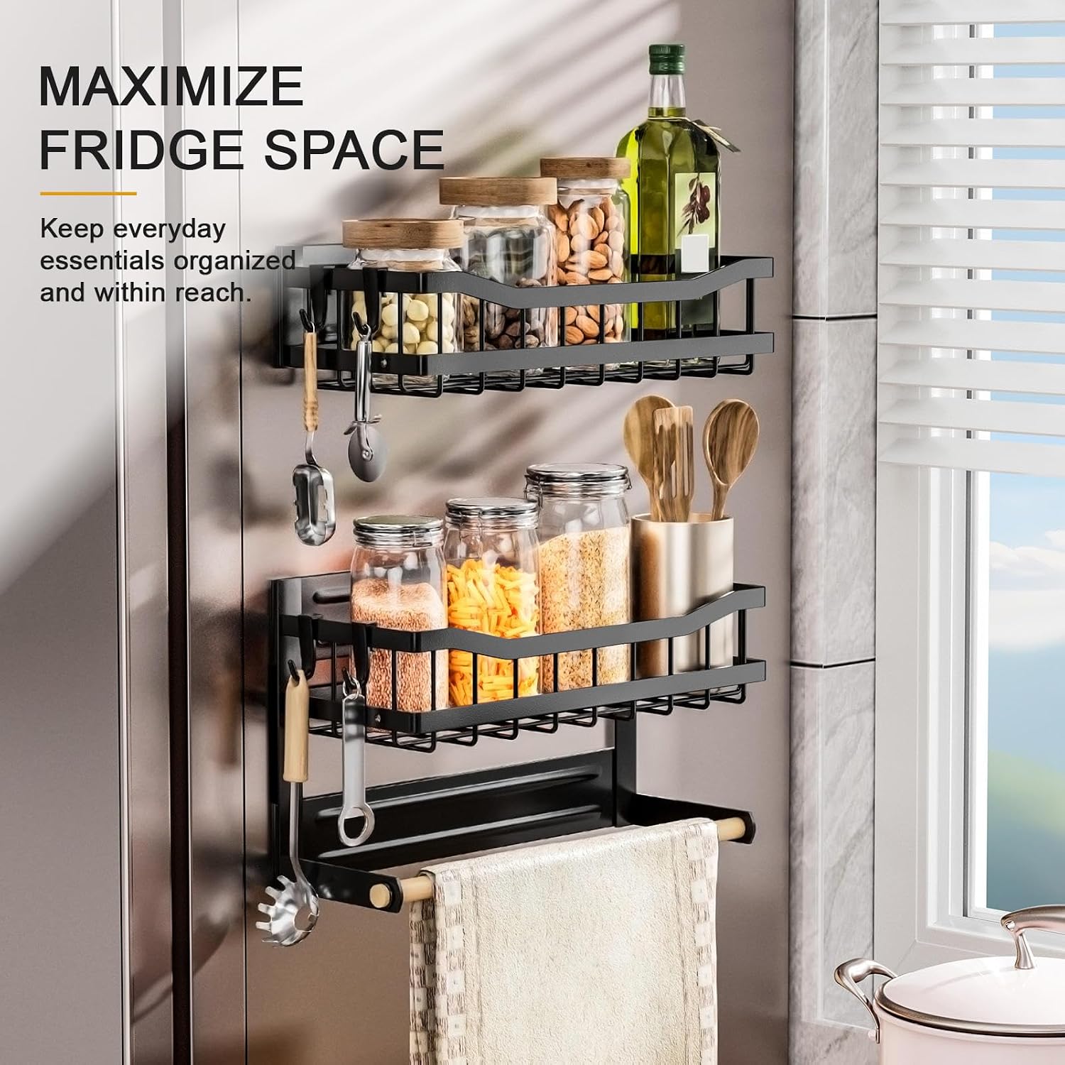 Magnetic Fridge Organizer 2-Pack, Strong Hold Refrigerator Storage Rack with Hooks, Space-Saving Metal Shelf System for Kitchen, No Drill, Black