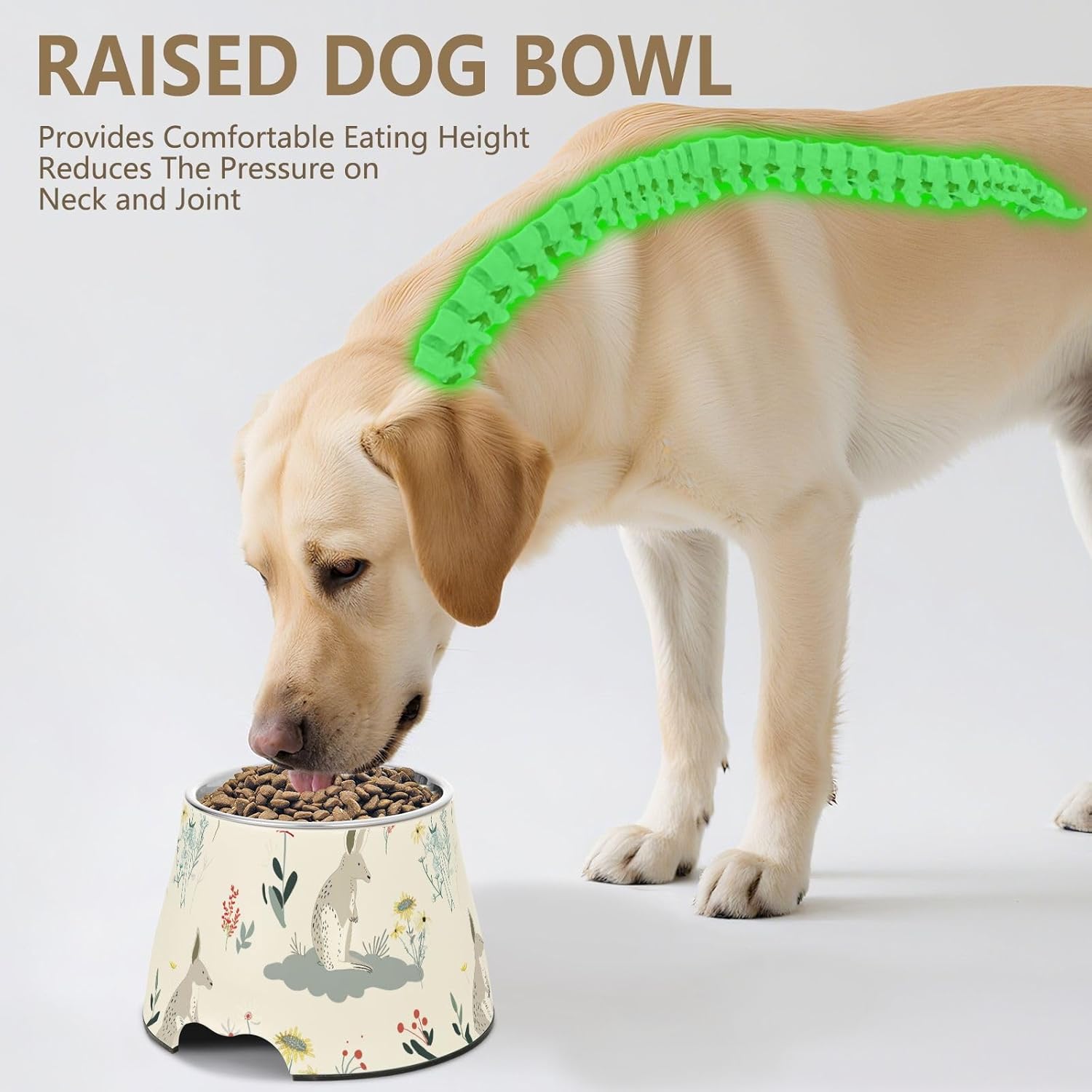 Kangaroo Floral Print Cloud White Denim Pets Food Bowl with Stand Stainless Steel Cats Basic Bowls for Loving Pet Slow Down Eating