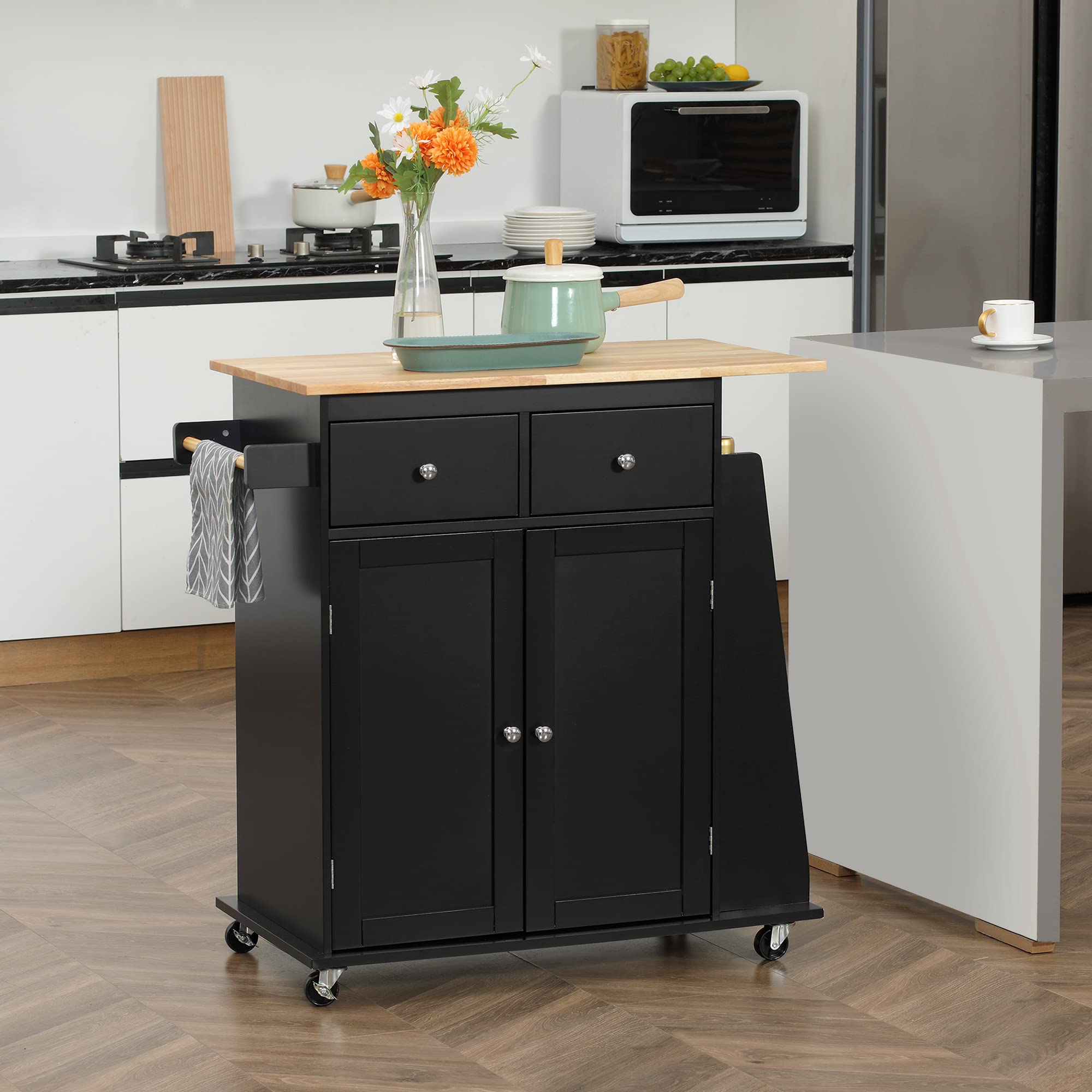 HOMCOM Carrello da Cucina con Armadietto, 2 Cassetti e Portaspezie a 3 Ripiani, Isola da Cucina Portavivande con Scaffale Regolabile, Porta Asciugamani e 4 Ruote con 2 Freni, 89x45x89.5 cm, Nero