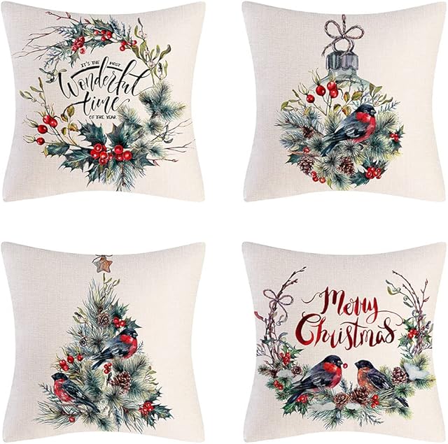 Christmas Decorative Throw Pillow Covers 18x18 inch Set of 4 Red and Dark Green Cushion Covers 45cm x 45cm Linen Square Pillowcases for Living Room Sofa Couch Bed Cushions