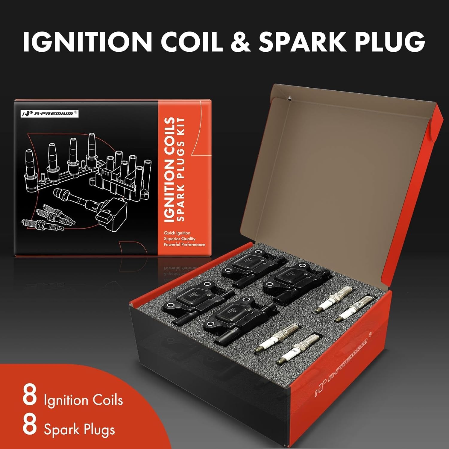 A-Premium Set of 8 Ignition Coil Pack and Iridium Spark Plugs Compatible with Chevrolet Silverado, Tahoe, Camaro, Suburban, Corvette & GMC Sierra, Yukon & Cadillac Escalade, CTS