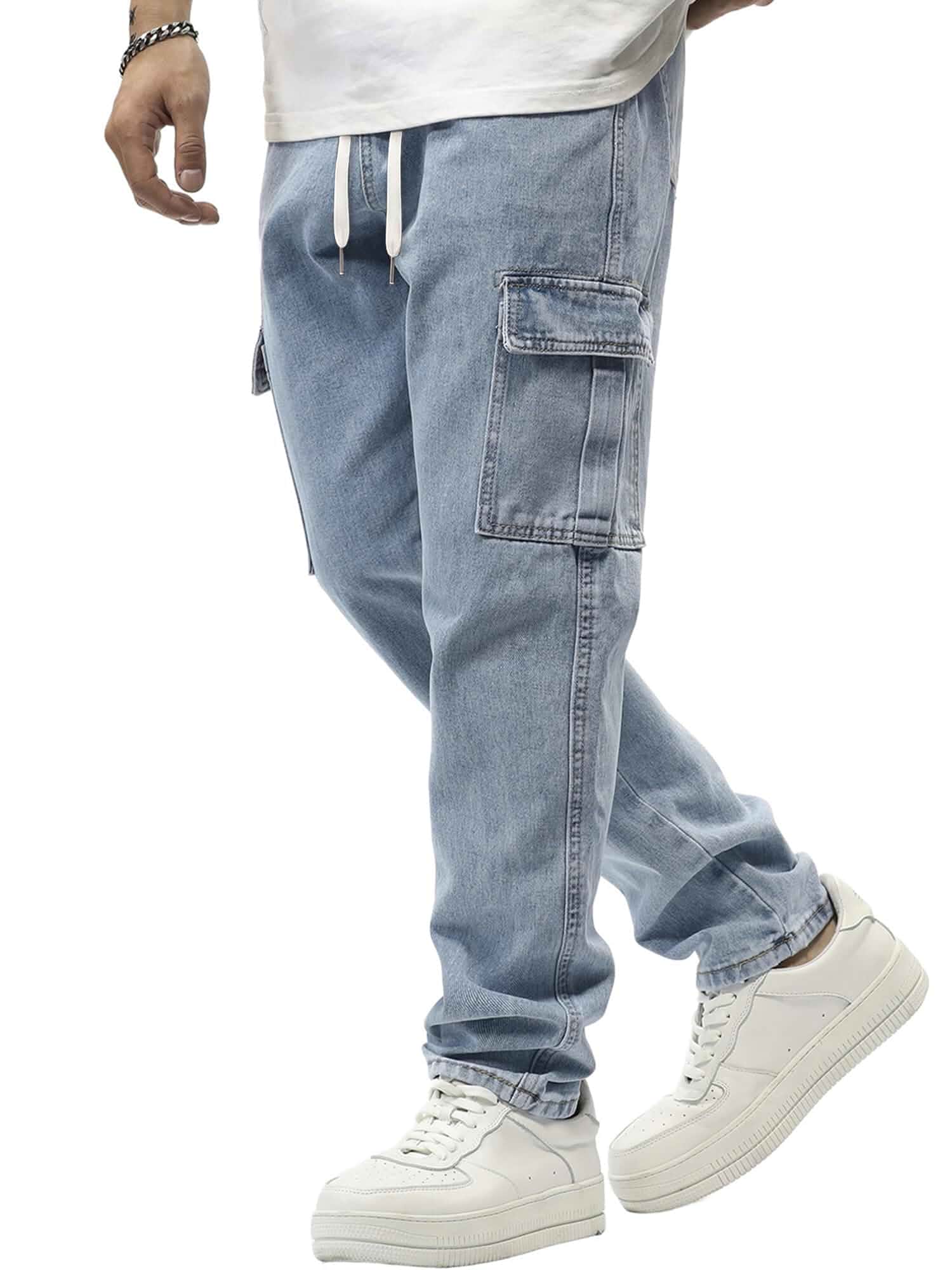 JMIERR Men's Elastic Waist Cargo Jeans Stretch Denim Pants with Drawstring Straight Leg for Casual Daily Wear Jeans · Regular