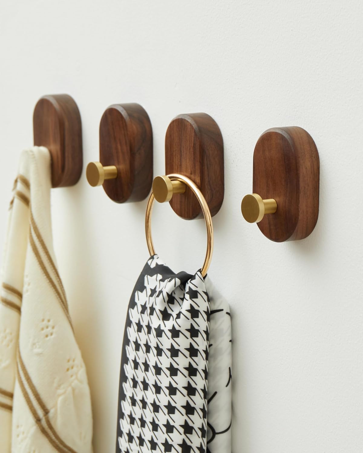 Wood Coat Hooks Wall Mount - Modern Walnut Coat Hook with Bronze Accent for Hanging Clothes,Keys,Purse,Robes,Towel,Backpacks, Single Brass Wall Hooks Heavy Duty for Entryway, Closet, Bathroom (4 Pack)