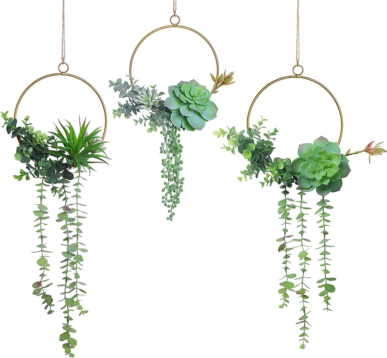SWTHONY Artificial Succulents Wreath Set of 3 Hanging Gold Geometric Garland Greenery Wall Decor Backdrop