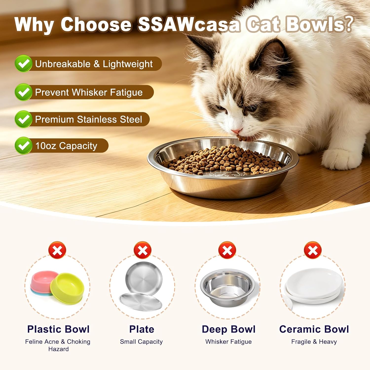 Stainless Steel Cat Bowls, 6 Pack Shallow Wide Whisker Fatigue Food Water Bowls, 6.3" Metal Cat Dishes with Non-Slip Bottom, Cute Cat Kitten Small Dog Bowl for Indoor Feeding or Elevated Stand