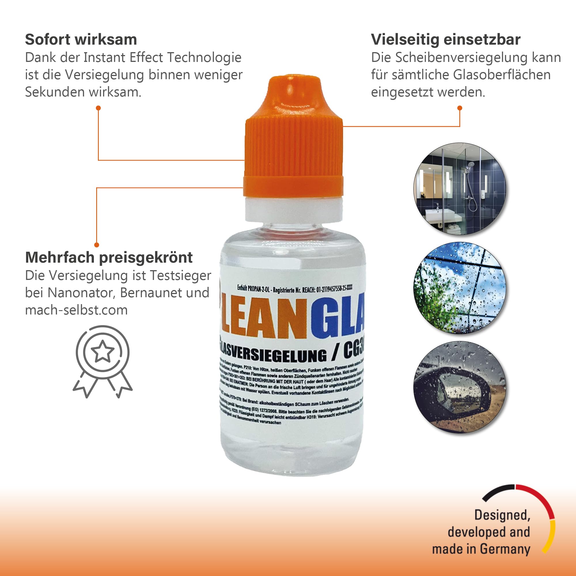 Scheibenversiegelung Auto mit Instant Effekt Technologie I Regenabweiser Autoscheiben durch Lotuseffekt I 30 ml bis 10 x Anwendung I Autoscheiben Versiegelung I Nano-Glasversiegelung Auto
