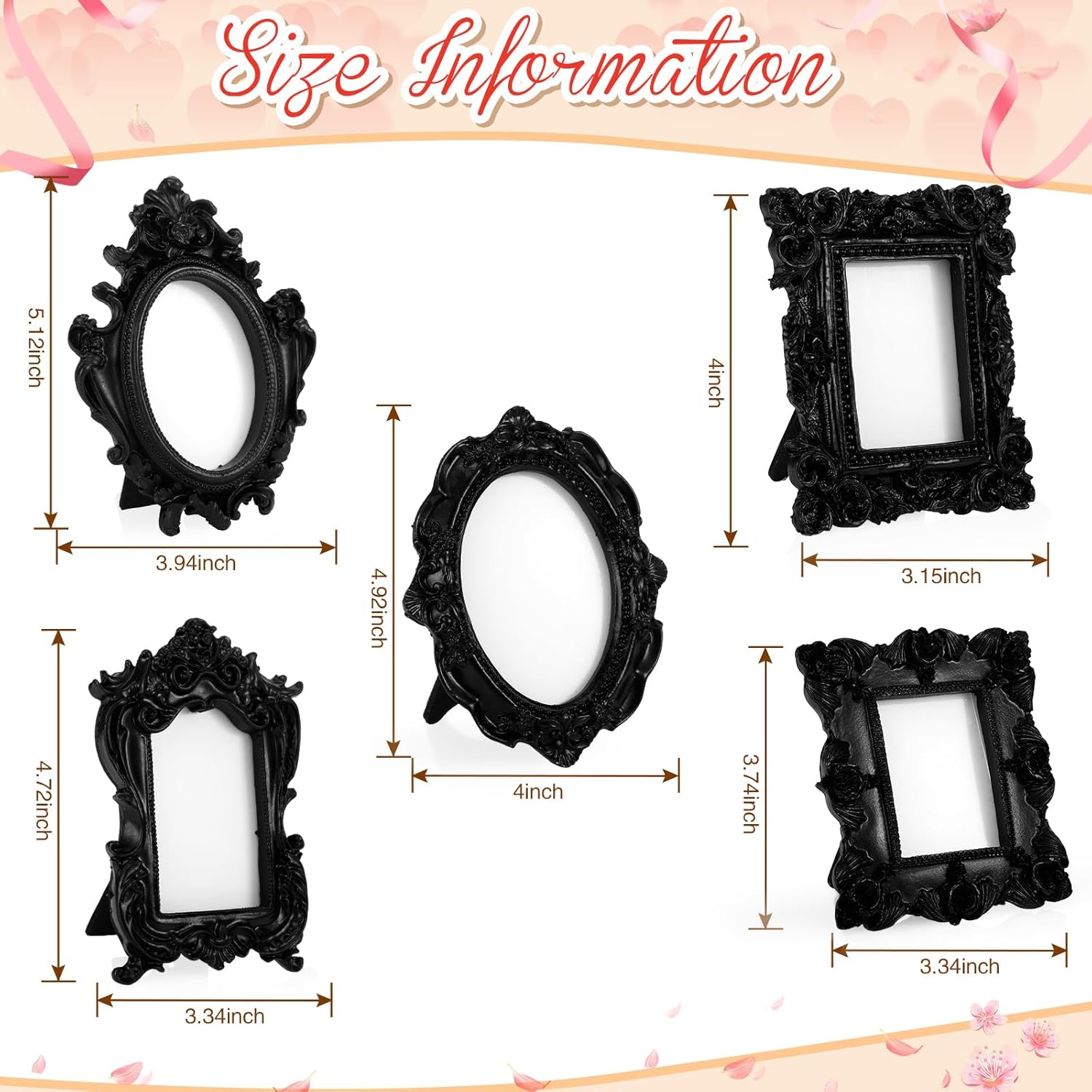 Maitys 10pcs Mini Picture Vintage Frames with Stands Tiny Antique Photo Baroque Ornate Resin Oval Frame Table Top Display Home Wedding Decor (Black)