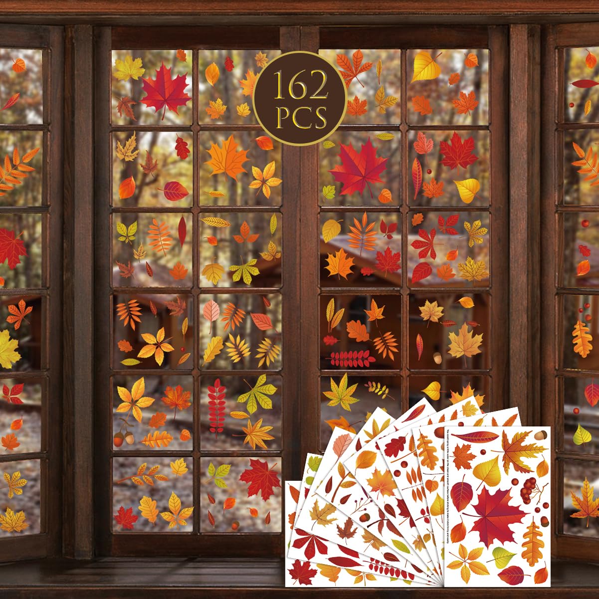 Feuilles autocollantes pour fenêtre d'automne : sticker vitrine magasin et fête 162 pcs