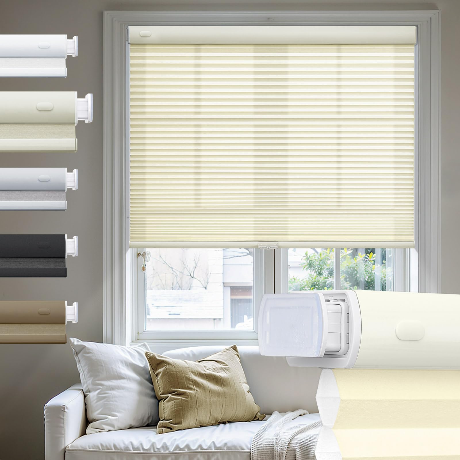 Moonice No Drill Cellular Pleated Blinds Cordless Cellular Blinds Light Filtering Color-Matched Shades Thermal Insulated 3.8cm Honeycomb Shade for Windows Home (Beige,95cm W x 198cm H)