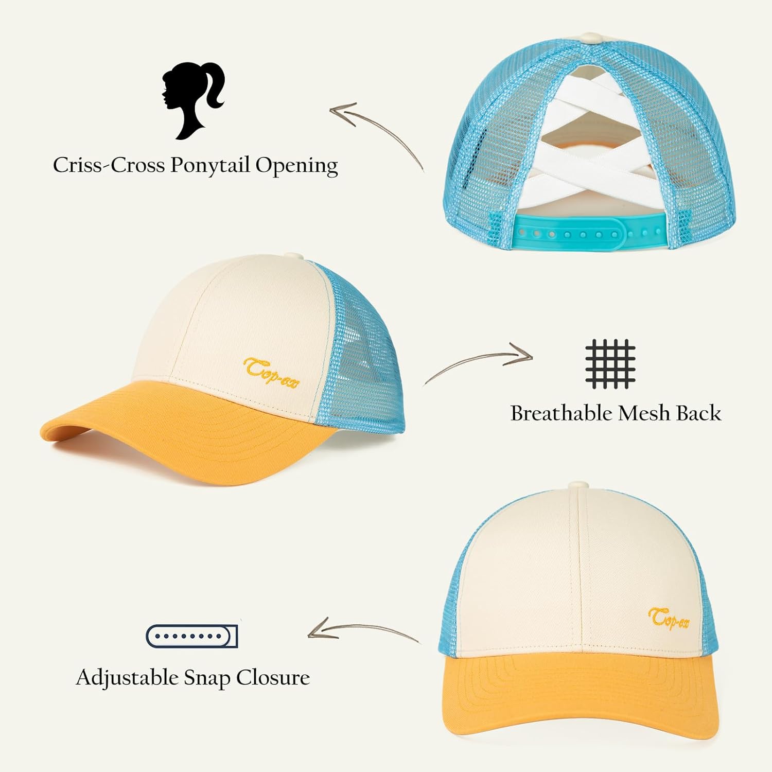 TOP-EX ChicPony™ S/M M/L High & Low Ponytail Beach Golf Snapback Trucker Hats for Women Girls Summer Cute