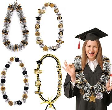 Roctocesy 2025 Graduation Money Lei, DIY Flower Sticker Pieces, Class of 2025 Ribbon Leis Necklace Kit, Congrats College Masters Degree Senior High School Grad Party Supplies Gift Set of 6