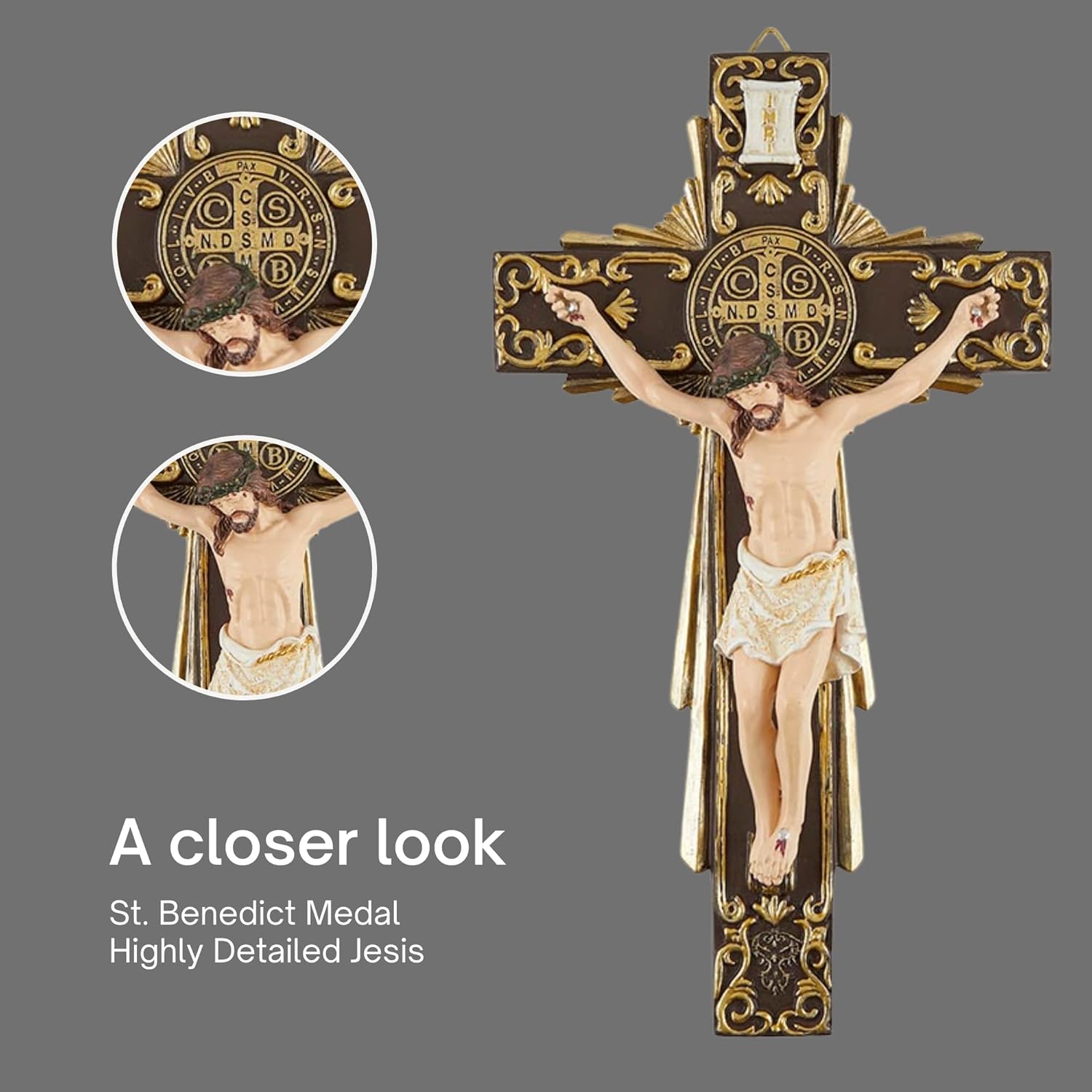 Needzo Handcrafted Highly Detailed Crucifix Wall Cross with St. Benedict of Nursia Medal, Catholic Hanging Home Decor for Indoor Decoration, Housewarming Gifts for Christian Men/Women, 11.75 Inches