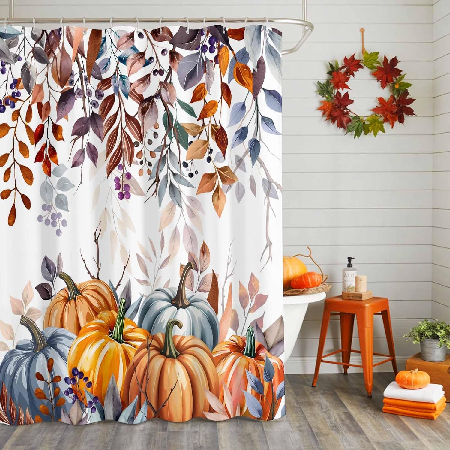 Orange Blue Fall Shower Curtain Set - Standard 72" x 72" Washable Branch Thanksgiving Bathtub Curtain with 12 Hooks, Botanical Pumpkins Waterproof Fabric Stall Shower Curtains for Bathroom
