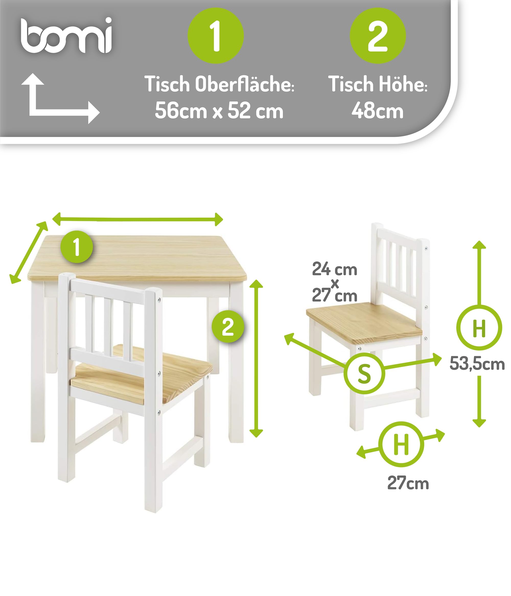 Bomi Kindersitzgruppe Holz Amy | Kindertisch mit 2 Stühlen | Tisch & Stühle Kinderzimmer Set | Spieltisch ab 1 Jahr | Kindertisch für drinnen | Maltisch & Basteltisch Kinder | Kindermöbel Weiß Natur