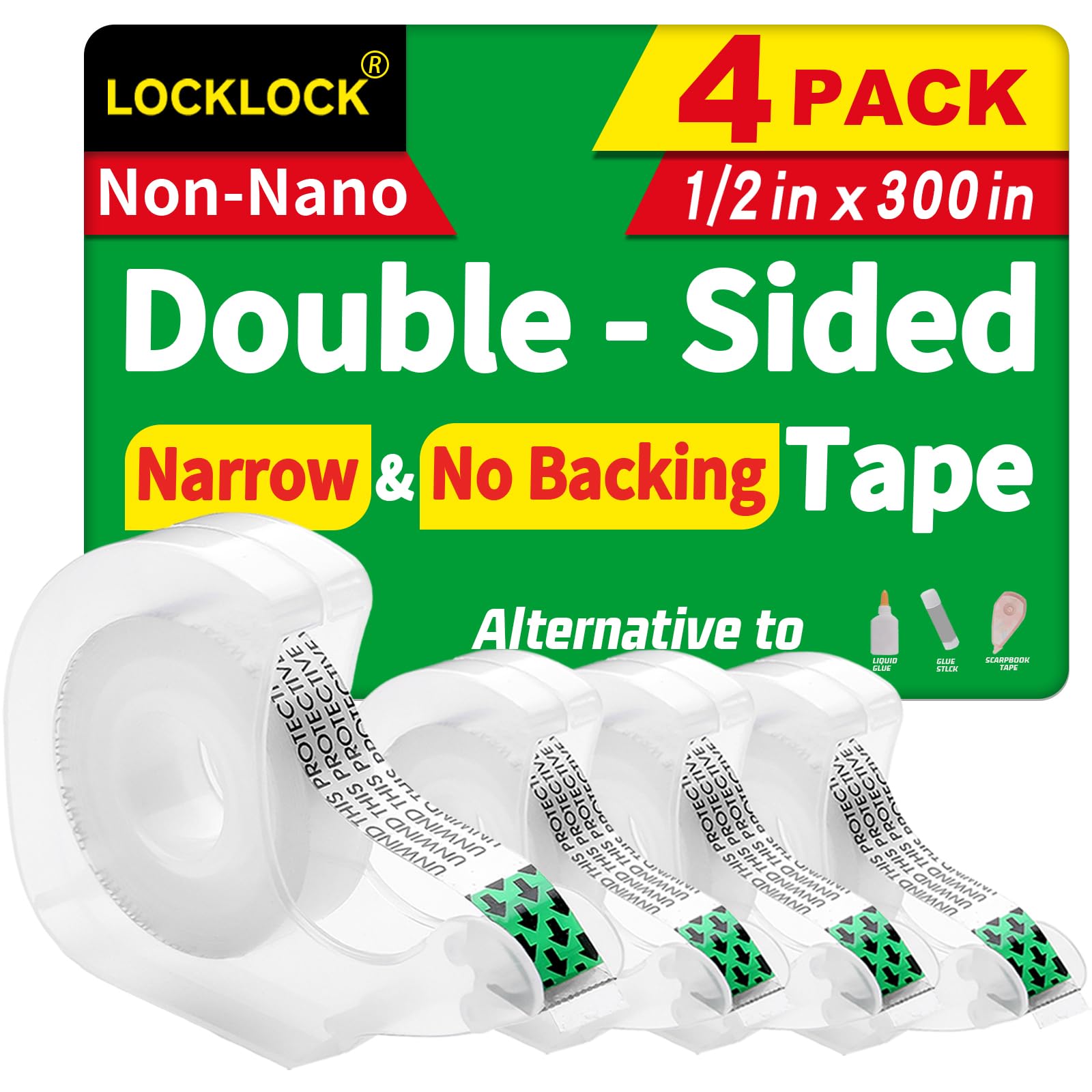 LOCKLOCK Double Sided Tape Light Duty, 4 Pack, 1/2 x 300 inches, Narrow Double Stick Tape with Dispenser for Crafts, Arts Projects, Christmas Gifts Wrapping, Office and School Supplies.