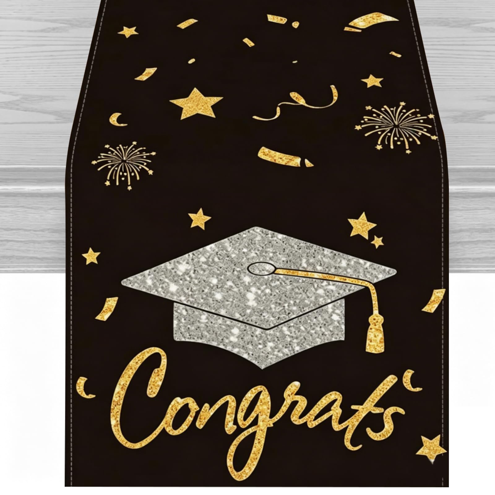 Graduation Decorations Table Runner, Black Gold Silver Congrats Grad Table Runner Bachelor Hat Graduate Cap Print Hessian Table Cloth Graduation Party Decorations, 183*33cm