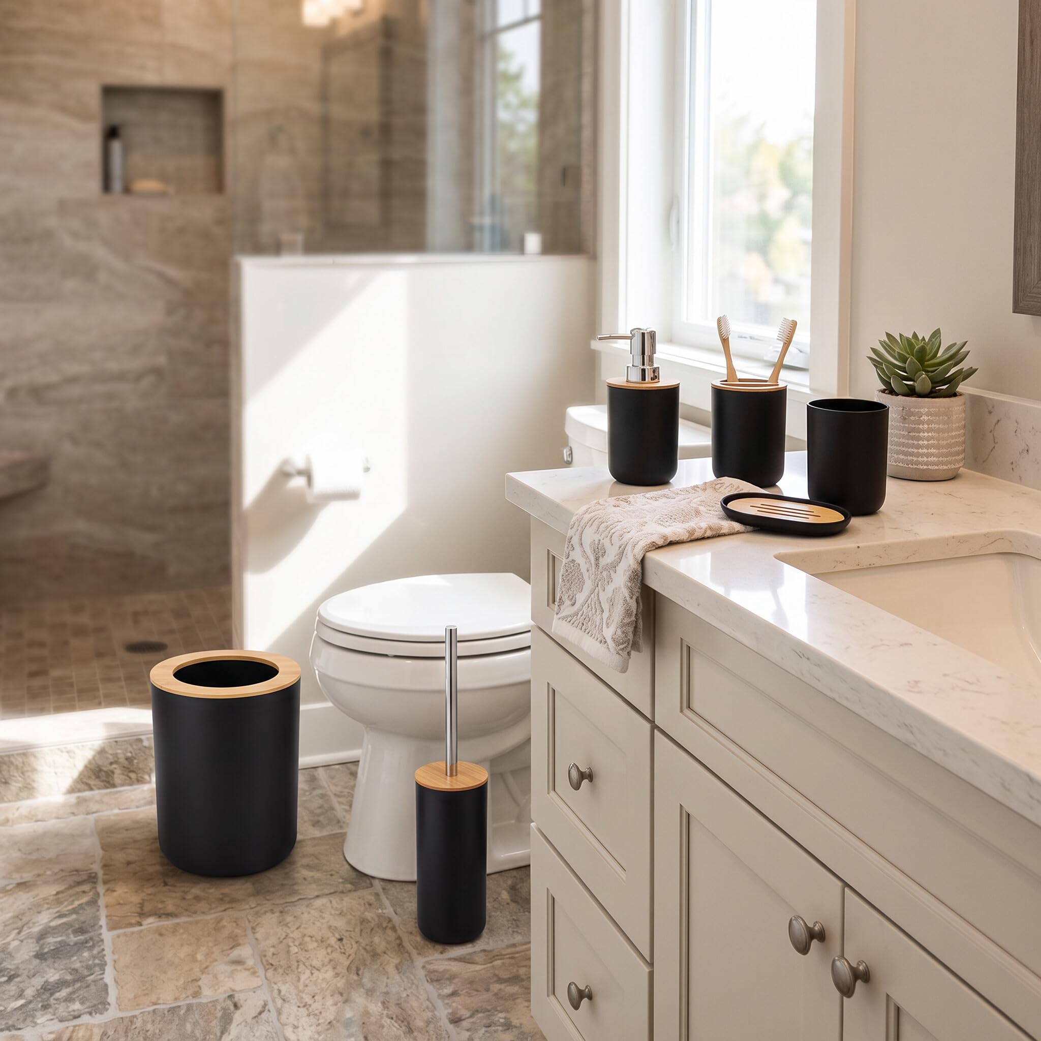 Juego de Estuches de Almacenamiento para Accesorios de baño, 6 Piezas de Herramientas de Inodoro para baño, Bote de Basura, Botella de loción, Bandeja de jabón, Cepillo de Dientes(Negro)