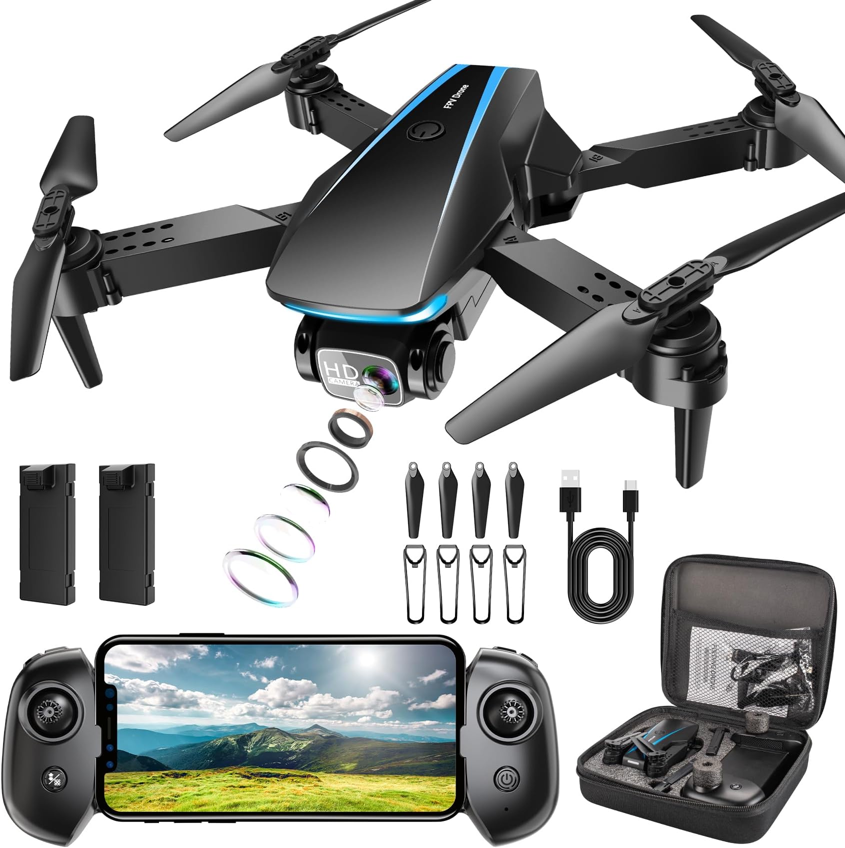 Drone with Camera - Drones for Adults, with 2 Batteries, Carrying Case, Propellers, 1080P HD Foldable Drone with Stable Hover, Trajectory Flight, Gravity Control, One Key Take Off/Land, 3D Flip