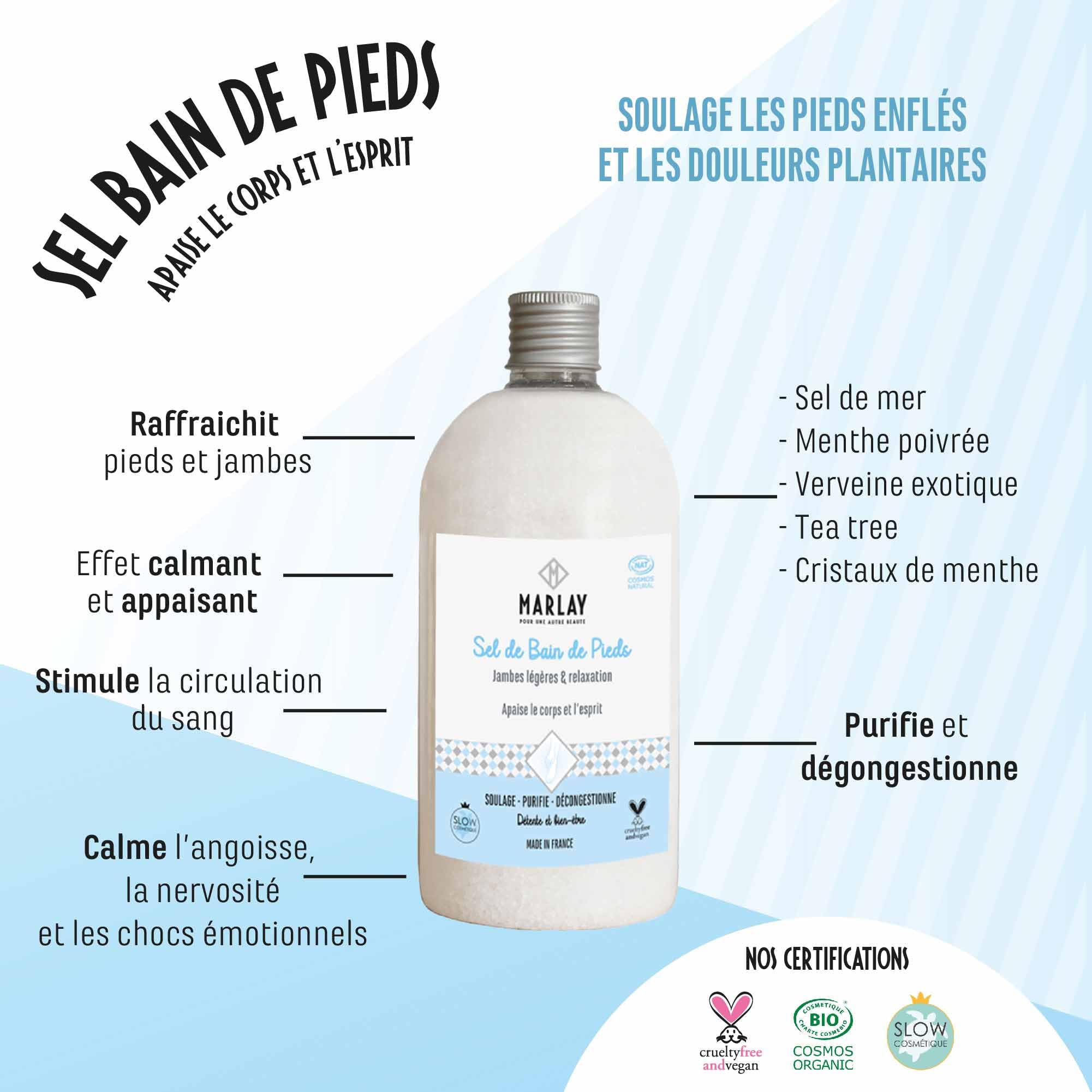 Marlay Cosmetics - Sel de Bain pour Pieds 600 g - Sel Marin, Menthe Poivrée & Huiles Essentielles - 100% Naturel - Soin des Pieds & Jambes - Pieds Secs - Spa Bien-Être - Fabriqué en France