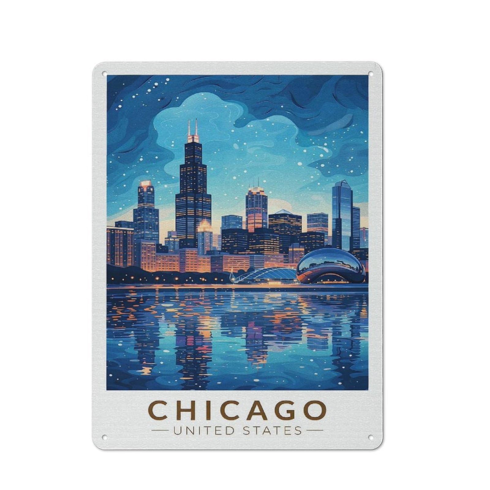 Junmoney Style-20 Chicago Skyline At Night Retro Metal Wall Decor 40X30cm, Retro Metal Sign For Garage, Hobby Room, Office Or Man Cave