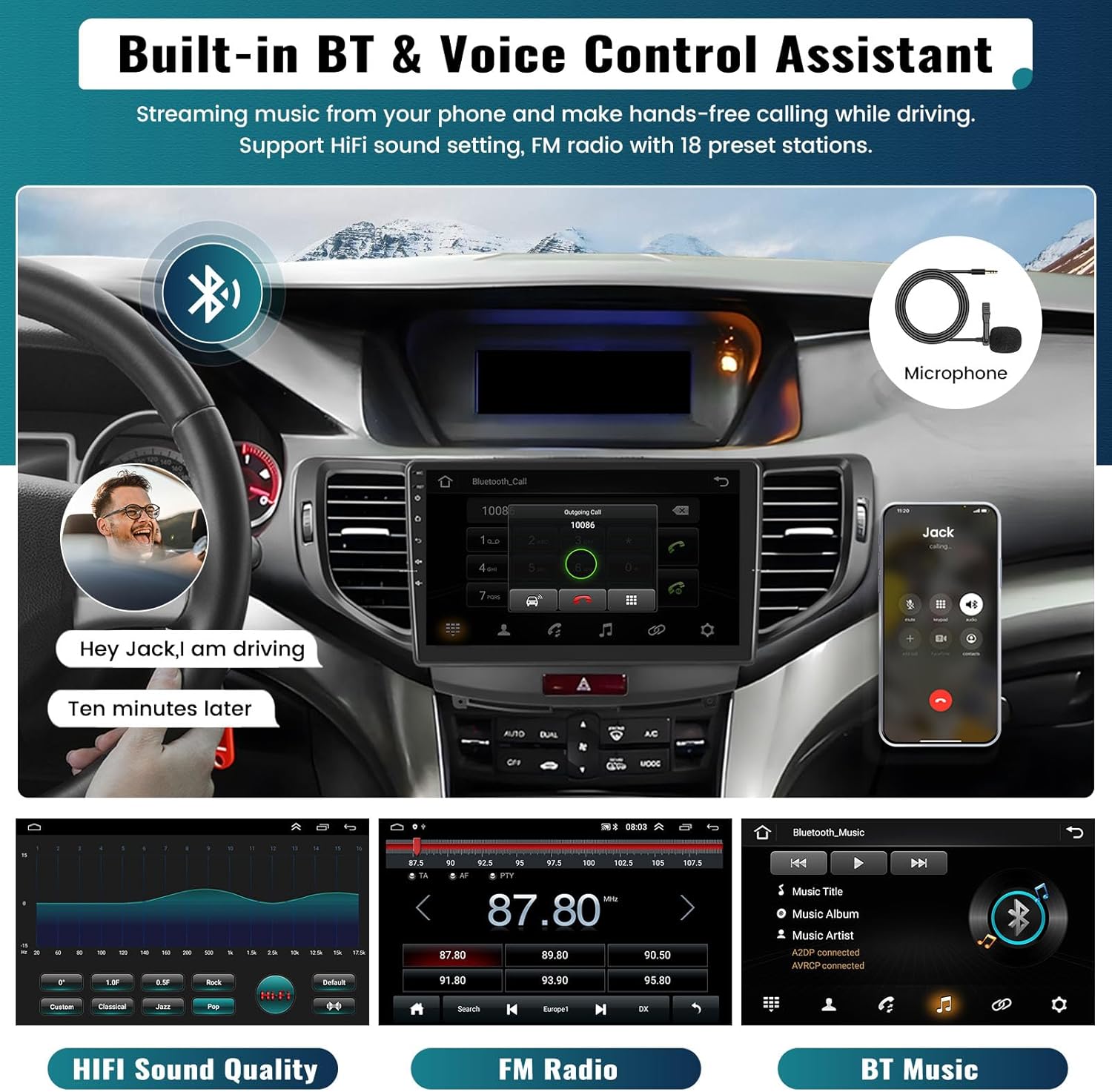 Car stereo screen showing Bluetooth call interface, FM radio tuner, and music playback