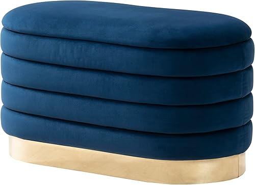 Miniatura 3 de Iconic Home Banco de almacenamiento para cueva, tapicería de terciopelo copetudo, base de metal en tono dorado con compartimento interior discreto,