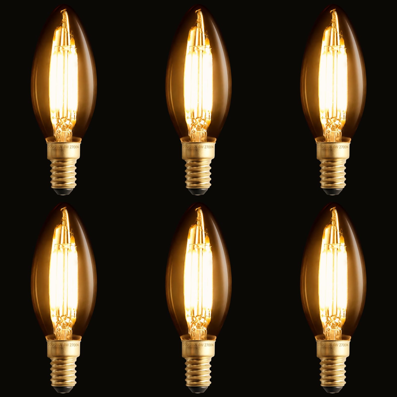 scicent 6 Pack E14 LED Candle Light Bulbs Warm White, C35, 4W, 2700K, Amber Glass, Dimmable Vintage Light Bulb, Small Screw Edison Light Bulb