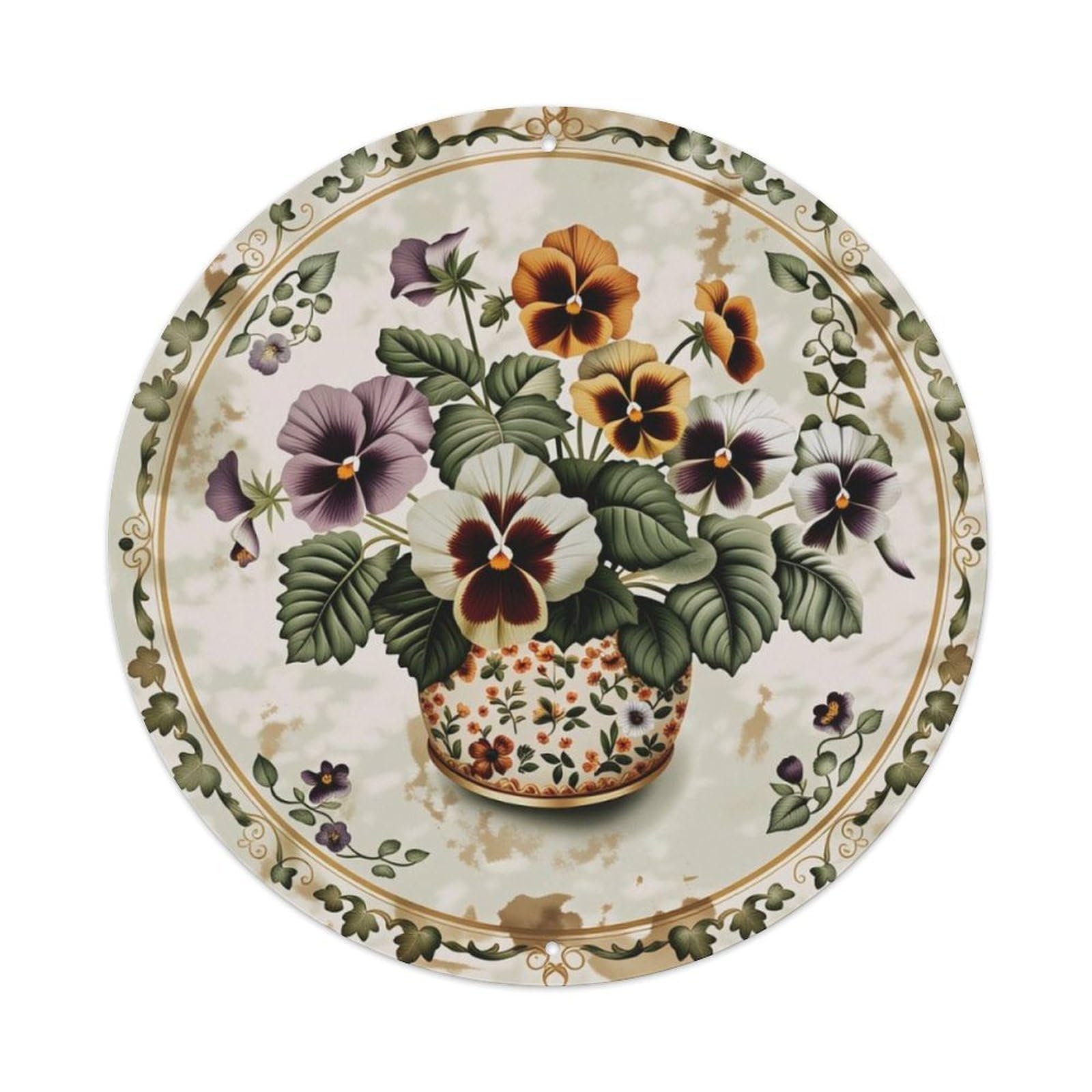 Vintage Gold Border Pansy Potted Floral Round Metal Sign Vintage Aluminium Metal Sign, Retro Wall Decor for Home, Bar, Garage & Farmhouse 20x20cm