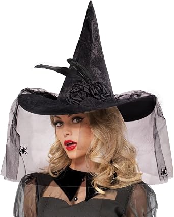 Edussy Lace Halloween Witch Hat with Veil Halloween Costume Witches Hats for Women Accessories