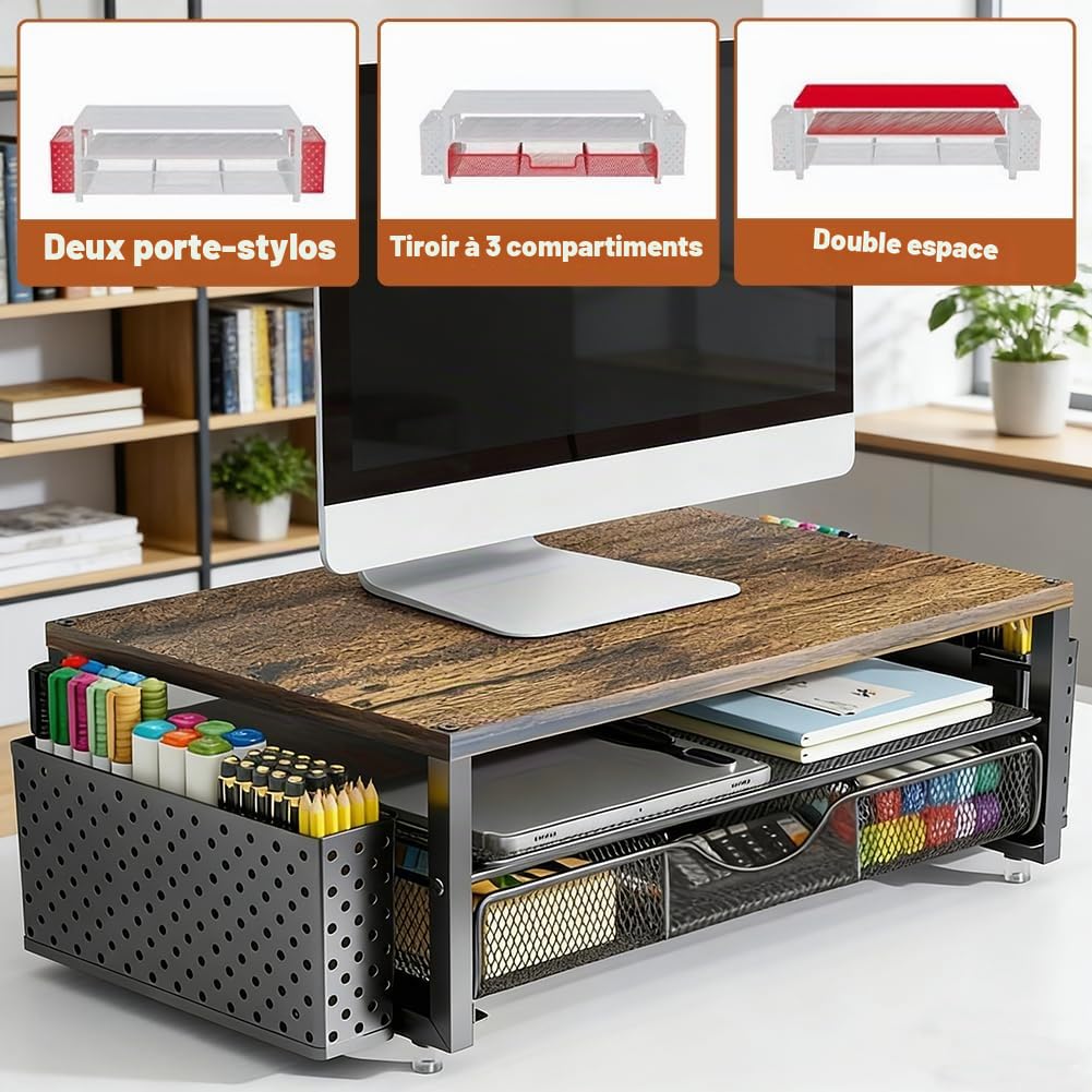 Organiseur de bureau, support de moniteur avec tiroir et 2 porte-stylos, rehausseur de moniteur pour écran et ordinateur portable, organisateur de bureau pour accessoires de bureau