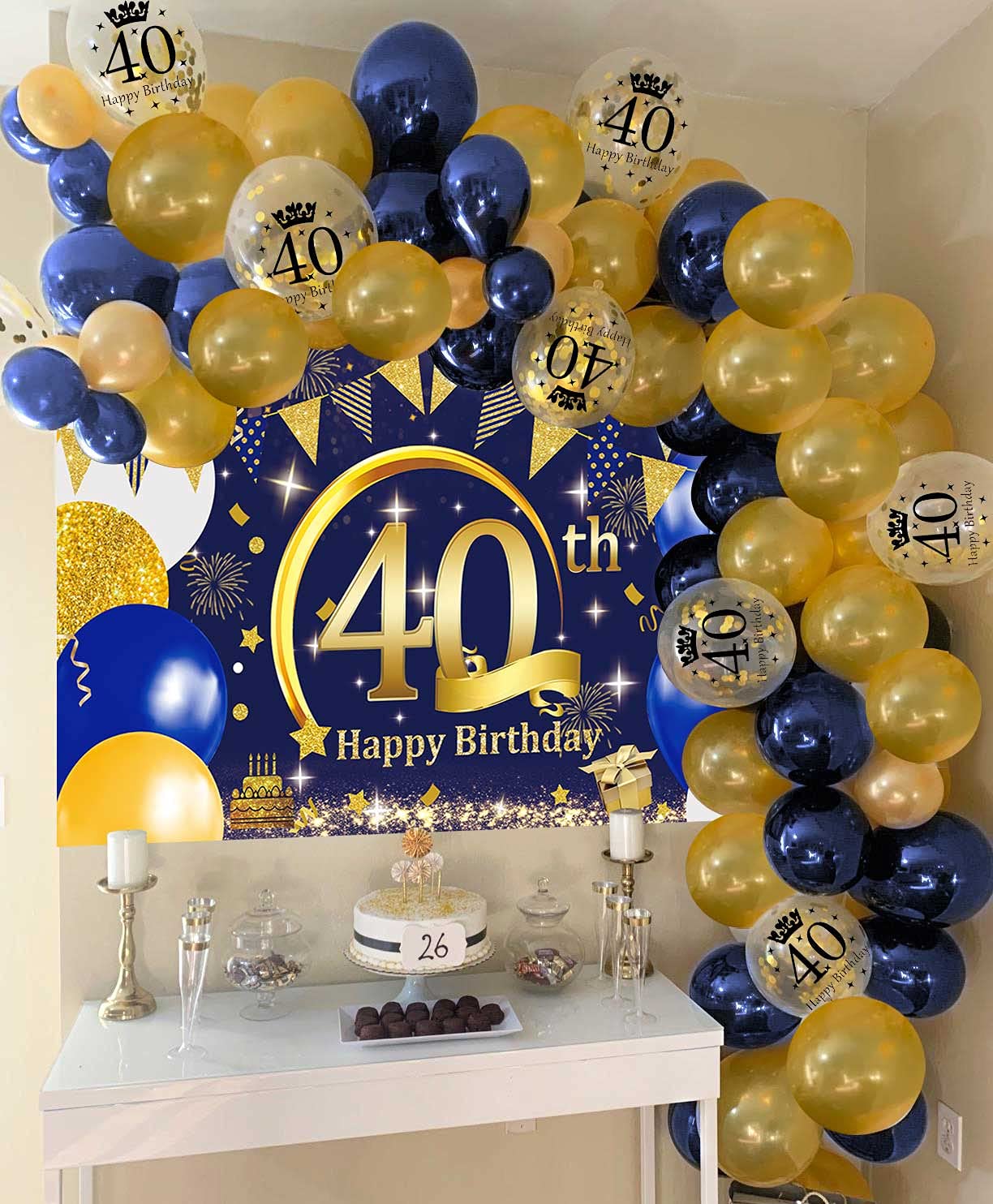 Decorazioni per 40 Anni Compleanno Nero & Oro in Tessuto Premium, Striscione Riutilizzabile per Feste con Sfondo Fotografico, Ideale per Uomo Donna