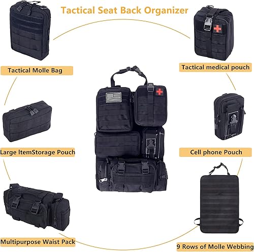 Miniatura 2 de Organizador táctico de respaldo de asiento de automóvil y fundas de asiento de camión de almacenamiento con un panel de vehículo Molle y 5 bolsas