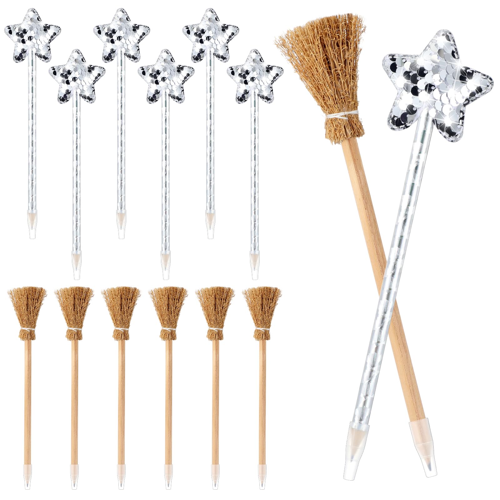 AmazingSpark 12 Pack Witch and Princess Pens Including 6 Pcs Halloween Witch Broom Pencils and 6 Pcs Star Shape Pencils Gifts for Halloween Goody Bag