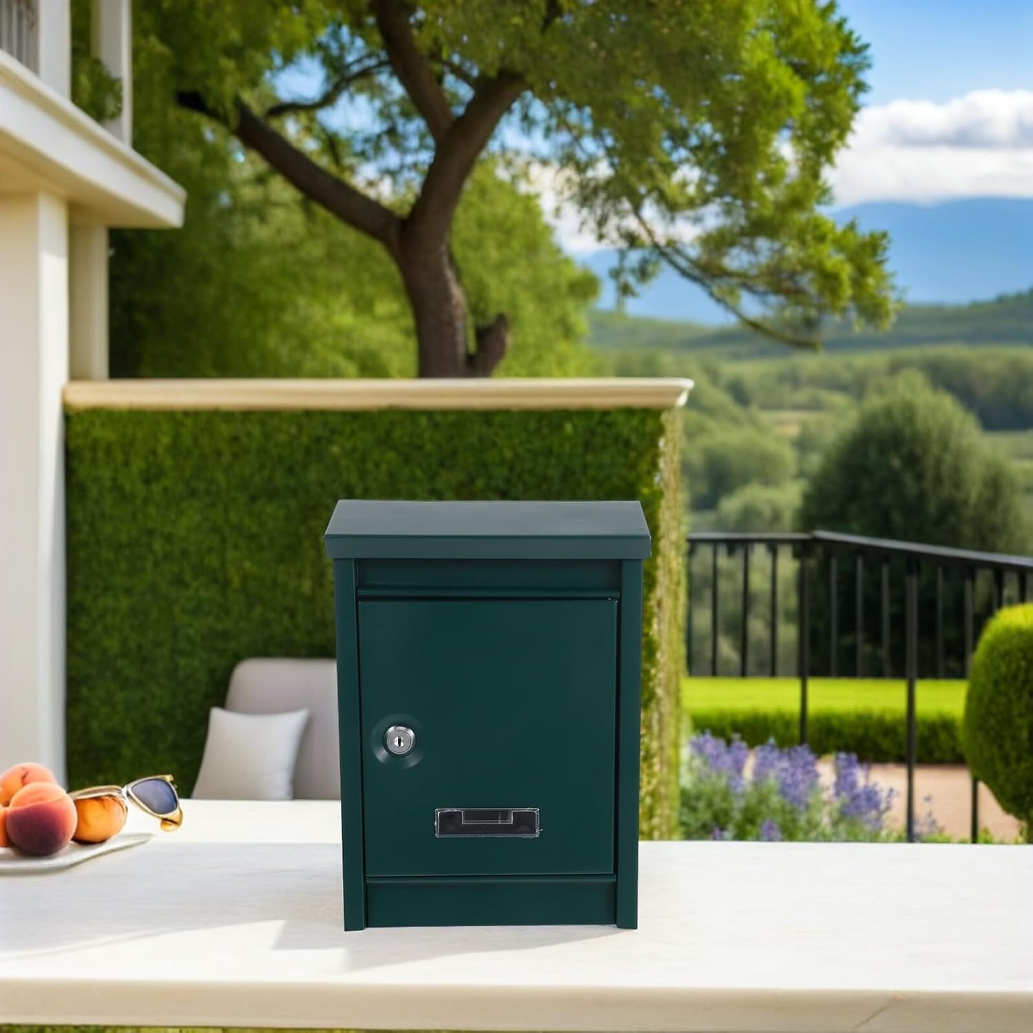 Locking Wall-Mount Mailbox with Key Lock, Outdoor Security Mailbox for Home and Office, Metal Wall-Mounted Letter Box in Dark Green for Secure Correspondence