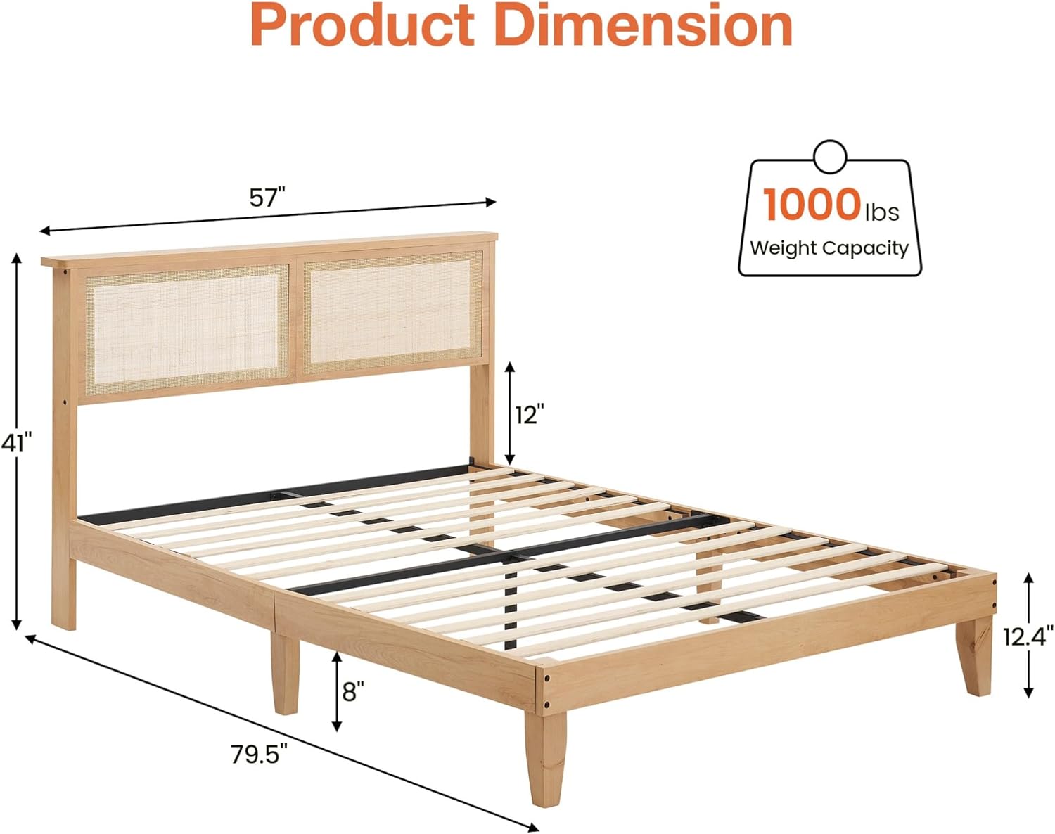 12.4 Inch Solid Wood Full Bed Frame with Natural Rattan Headboard, Platform Full Size Bed Frame with LED Lights, Mattress Foundation, Noise-Free, No Box Spring Needed, Easy Assembly