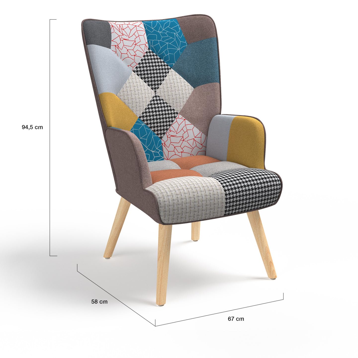 IDMarket - Fauteuil scandinave Ivar avec Repose Pieds en Tissu Patchwork Multicouleurs