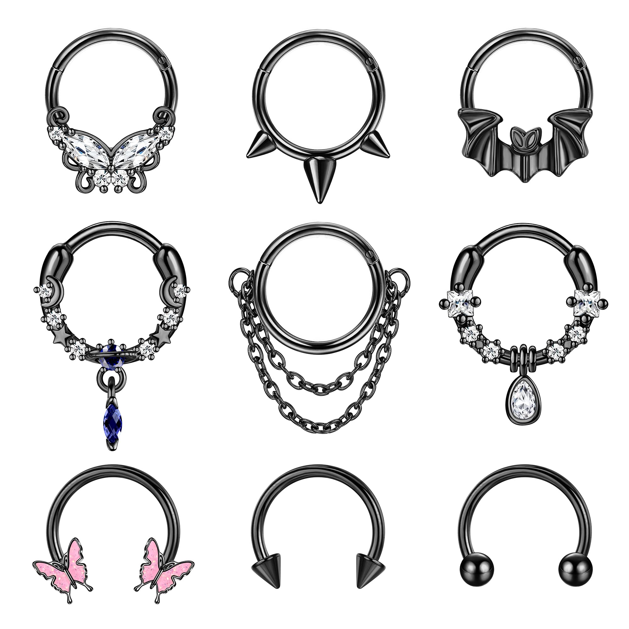 Sanfenly9Pcs 16G Septum Rings for Women Men Stainless Steel Dangle Septum Jewelry Blue Planet Teardrop CZ Butterfly Bat Spiked Daith Earrings Hoop Nose Rings Cartilage Helix Septum Piercing Jewelry